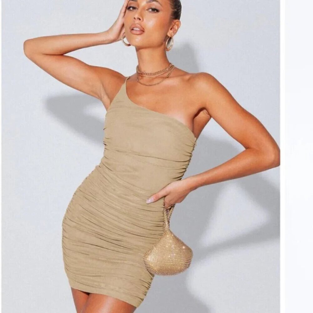 Princess Polly Jocasta Mesh  Ruched One Shoulder Mini Dress Tan Size 6